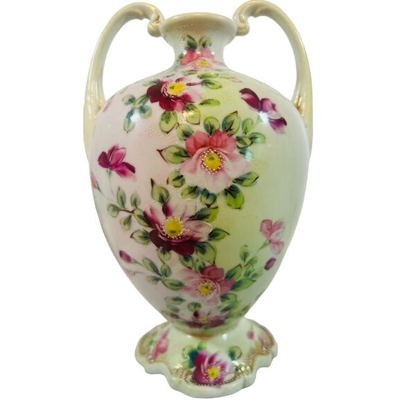 Antique Japan McKay & CC Floral Moriage Handpainted Porcelain Vase Twin Handles